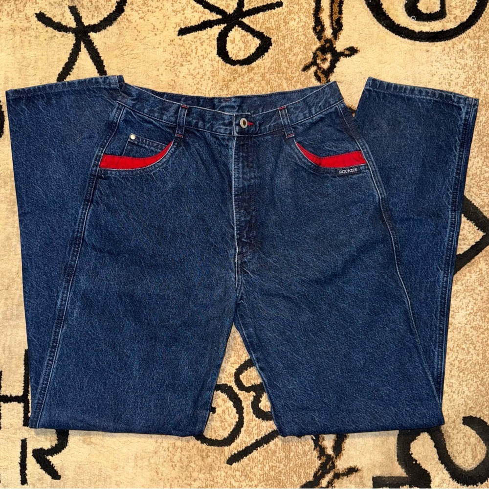 Rockie mountain jeans! Perfect condition! Dark wash with red pocket/back details